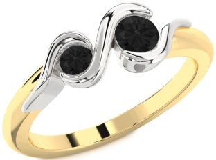 Black Diamond Gold Silver Round Two Stone Ring