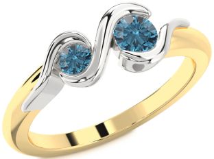 Blue Diamond Gold Silver Round Two Stone Ring