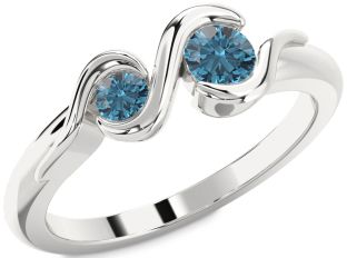 Blue Diamond Silver Round Two Stone Ring