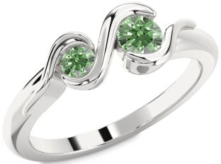Green Diamond Silver Round Two Stone Ring