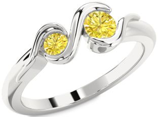 Yellow Diamond Silver Round Two Stone Ring