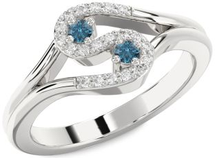 Blue Diamond Silver Round Two Stone Ring