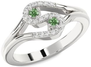 Green Diamond Silver Round Two Stone Ring