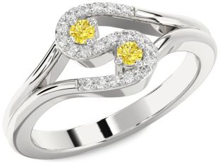 Yellow Diamond Silver Round Two Stone Ring