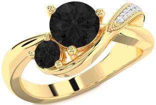 Black Diamond Gold Silver Round Two Stone Ring