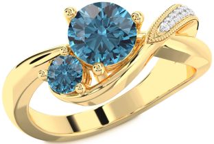 Blue Diamond Gold Silver Round Two Stone Ring