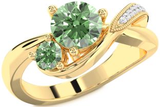 Green Diamond Gold Silver Round Two Stone Ring