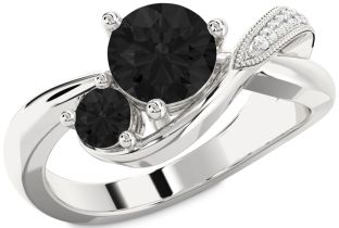 Black Diamond Silver Round Two Stone Ring