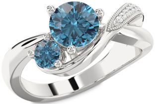 Blue Diamond Silver Round Two Stone Ring