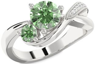 Green Diamond Silver Round Two Stone Ring