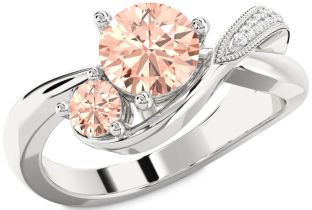 Diamond Morganite Silver Round Two Stone Ring