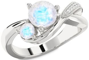 Diamond Moonstone Silver Round Two Stone Ring
