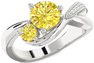 Yellow Diamond Silver Round Two Stone Ring