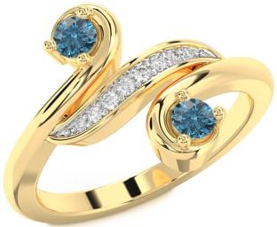 Blue Diamond Gold Silver Round Two Stone Ring