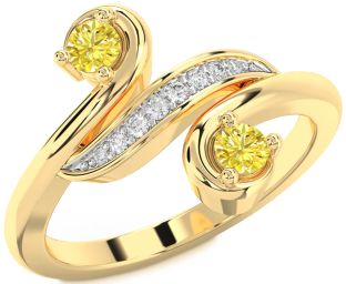Yellow Diamond Gold Silver Round Two Stone Ring