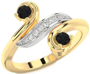 Black Diamond Gold Silver Round Two Stone Ring