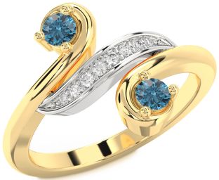 Blue Diamond Gold Silver Round Two Stone Ring