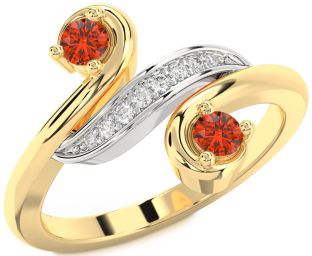 Diamond Fire Opal Gold Silver Round Two Stone Ring