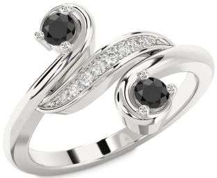 Diamond Black Onyx Silver Round Two Stone Ring