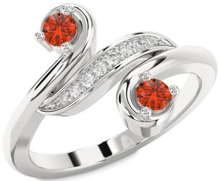 Diamond Fire Opal Silver Round Two Stone Ring