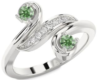 Green Diamond Silver Round Two Stone Ring
