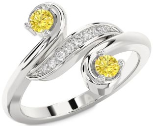 Yellow Diamond Silver Round Two Stone Ring