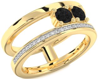Black Diamond Gold Silver Round Two Stone Ring