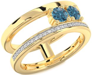 Blue Diamond Gold Silver Round Two Stone Ring
