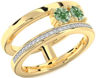 Green Diamond Gold Silver Round Two Stone Ring
