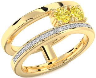 Yellow Diamond Gold Silver Round Two Stone Ring