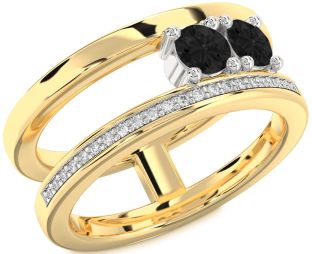 Black Diamond Gold Silver Round Two Stone Ring