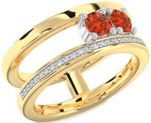 Diamond Fire Opal Gold Silver Round Two Stone Ring