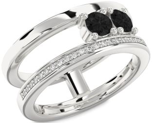 Black Diamond Silver Round Two Stone Ring