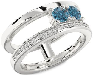 Blue Diamond Silver Round Two Stone Ring
