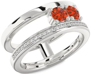 Diamond Fire Opal Silver Round Two Stone Ring