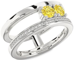 Yellow Diamond Silver Round Two Stone Ring