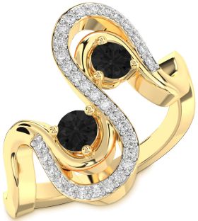 Black Diamond Gold Silver Round Two Stone Ring