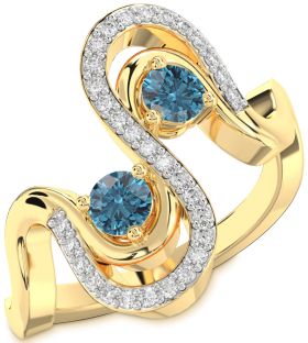 Blue Diamond Gold Silver Round Two Stone Ring