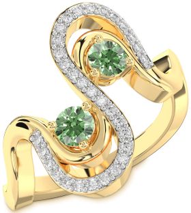 Green Diamond Gold Silver Round Two Stone Ring