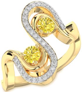 Yellow Diamond Gold Silver Round Two Stone Ring