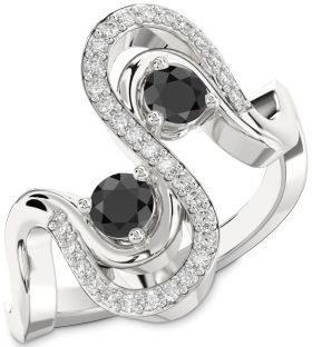 Diamond Black Onyx Silver Round Two Stone Ring
