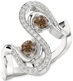Chocolate Brown Diamond Silver Round Two Stone Ring
