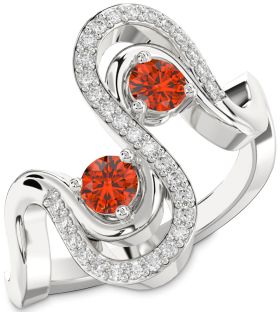 Diamond Fire Opal Silver Round Two Stone Ring