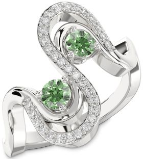 Green Diamond Silver Round Two Stone Ring