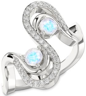 Diamond Moonstone Silver Round Two Stone Ring