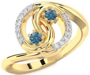 Blue Diamond Gold Silver Round Two Stone Ring