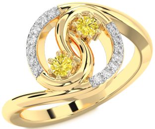 Yellow Diamond Gold Silver Round Two Stone Ring