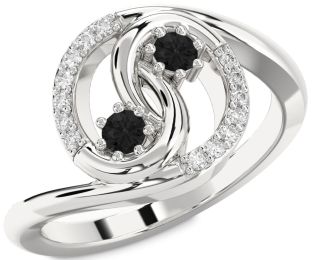 Black Diamond Silver Round Two Stone Ring