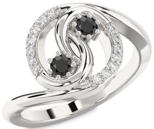 Diamond Black Onyx Silver Round Two Stone Ring
