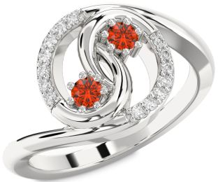 Diamond Fire Opal Silver Round Two Stone Ring